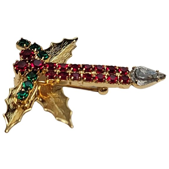Gold-Tone Red Prong set Rhinestone Holly Berry Candle Pin Brooch - Picture 4 of 8